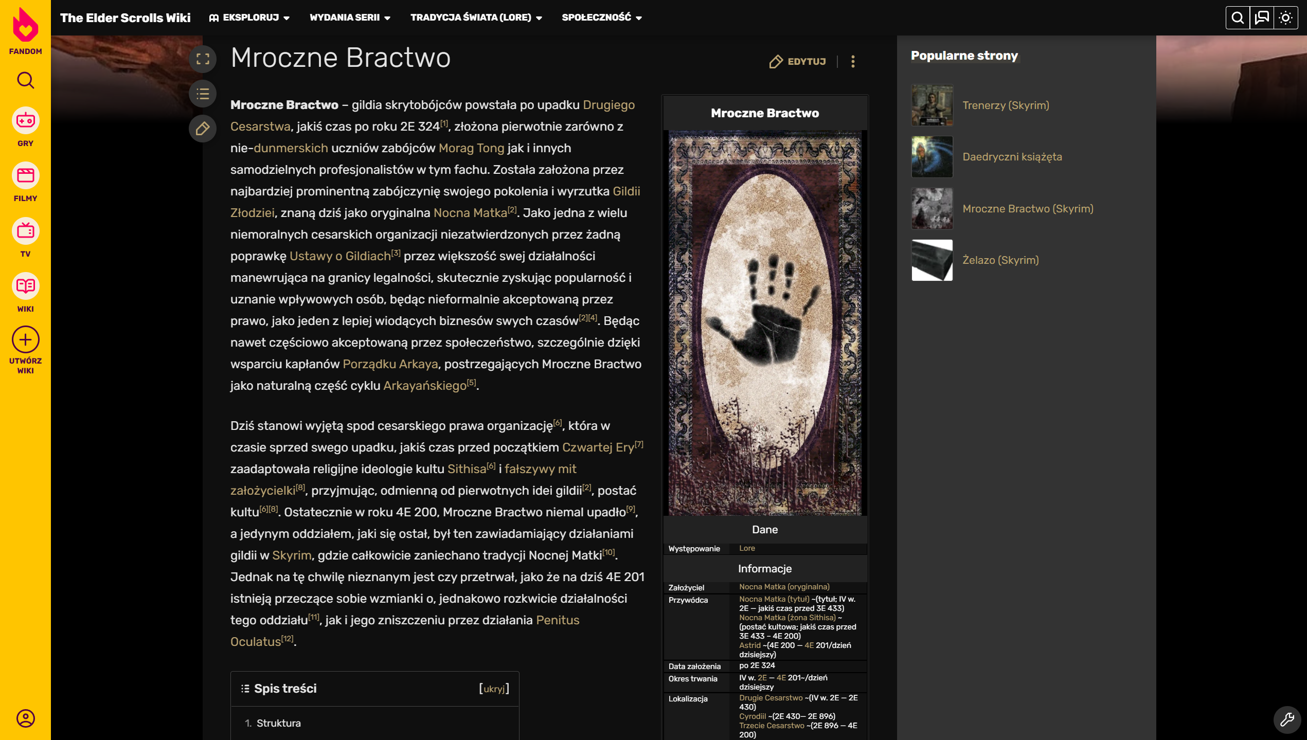 Zrzut ekranu z internetowej encyklopedii The Elder Scrolls Wiki w serwisie Fandom